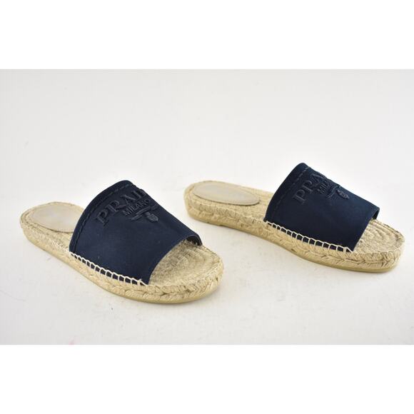 Prada Baltico Blue Canvas Plaque Logo Slide Open Toe Sandal Espadrille Flat 38 - Picture 4 of 16